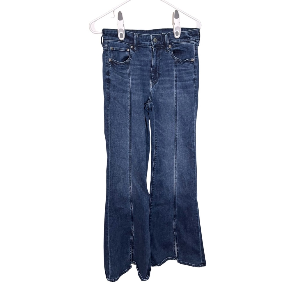 American Eagle 4 Dark Wash Festival Flare Jeans Front Seam Side Slit Boho Retro - Picture 2 of 11